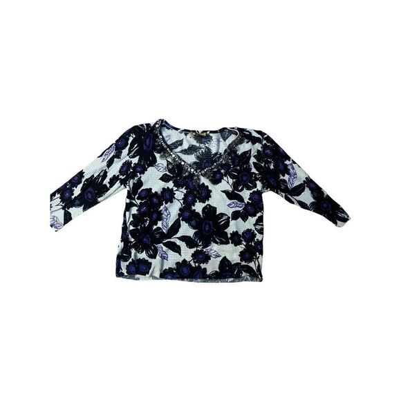 SoCa St. John Wool Blend 3/4 Sleeve V-Neck Beaded Floral Print Lightweight Sweat - Picture 5 of 11